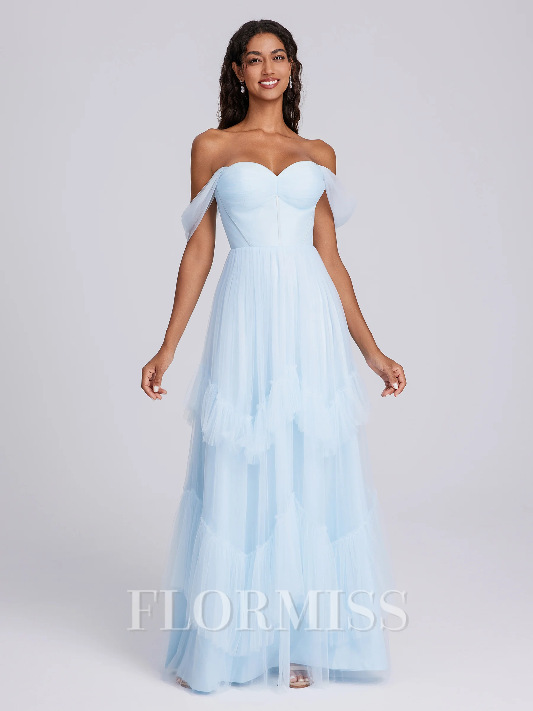 A-line Off-the-Shoulder Ruffles Floor-Length Tulle Corset Bridesmaid Dress