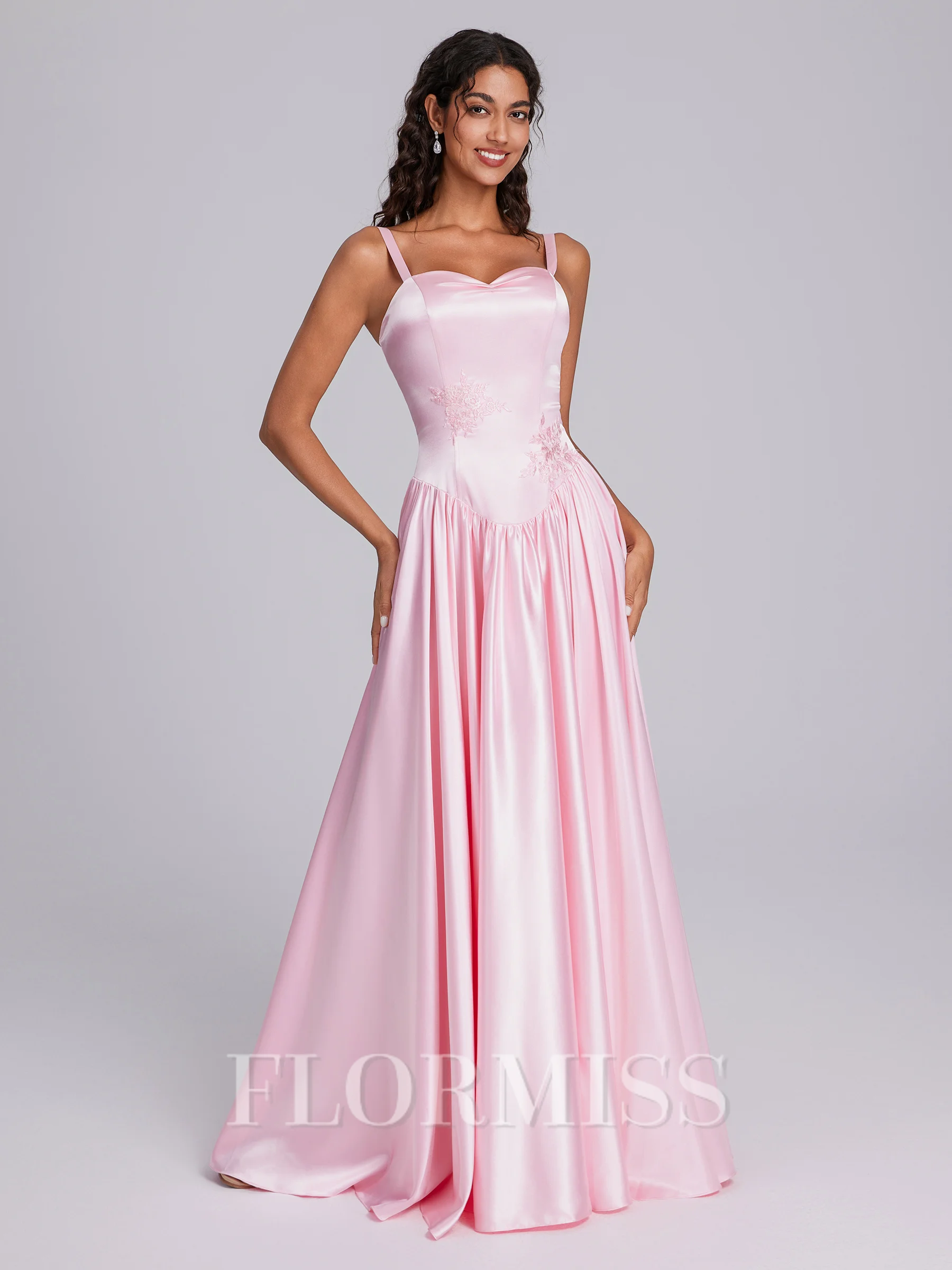 A-line Spaghetti Straps Appliques Lace Floor-Length Silk Like Satin Corset Bridesmaid Dress