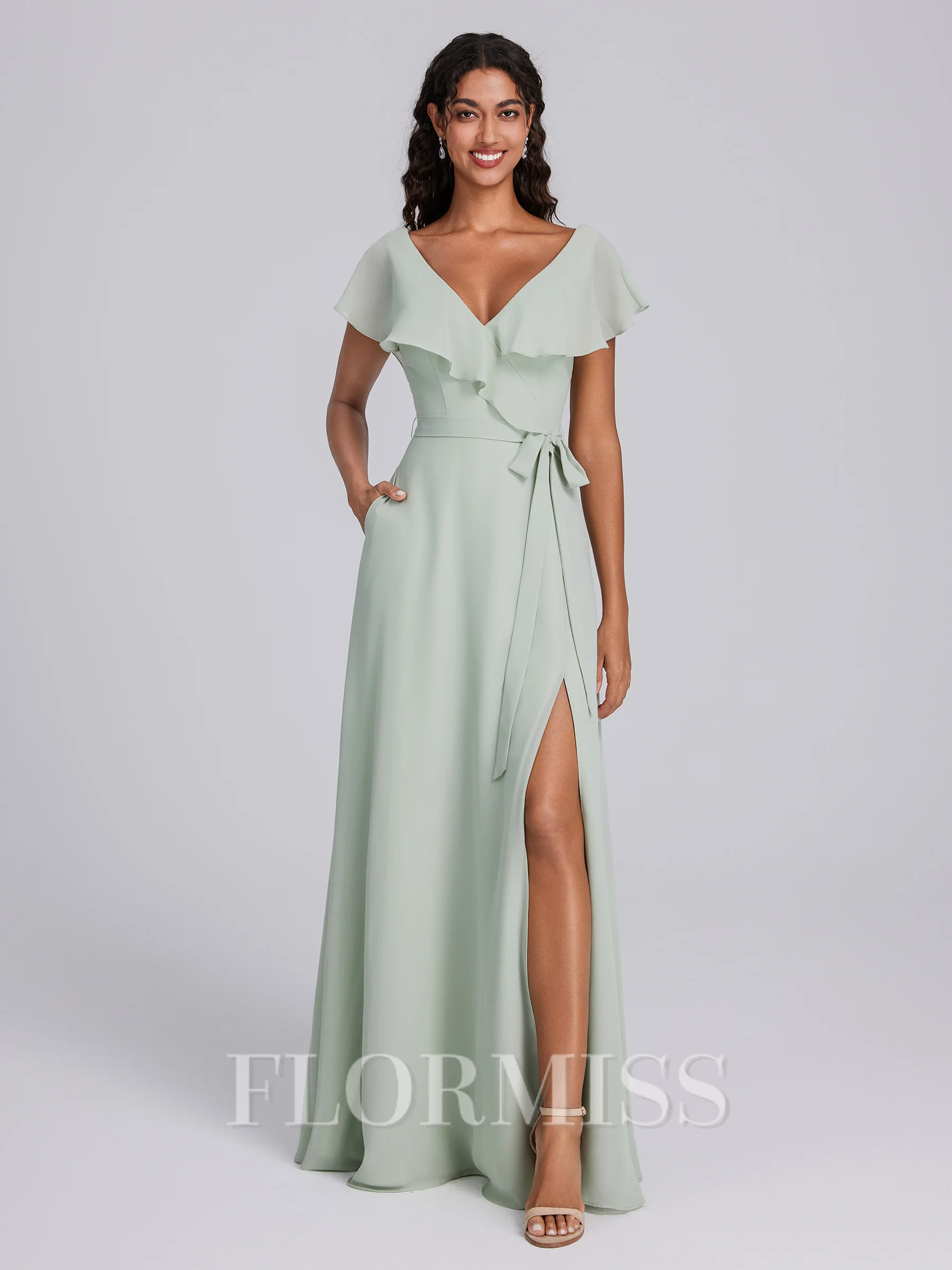 A-line V-neck Short Sleeves Sash/Ribbon/Belt Floor-Length Chiffon Bridesmaid Dress