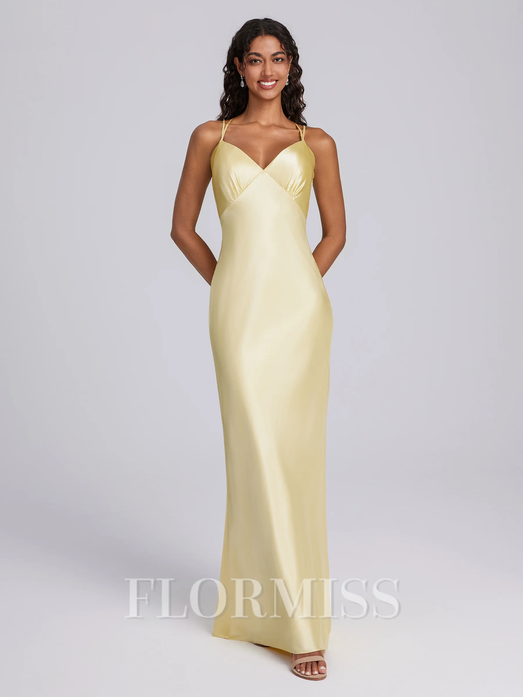 Sheath V-neck Pleated Floor-Length Silk Like Satin Bridesmaid Dress