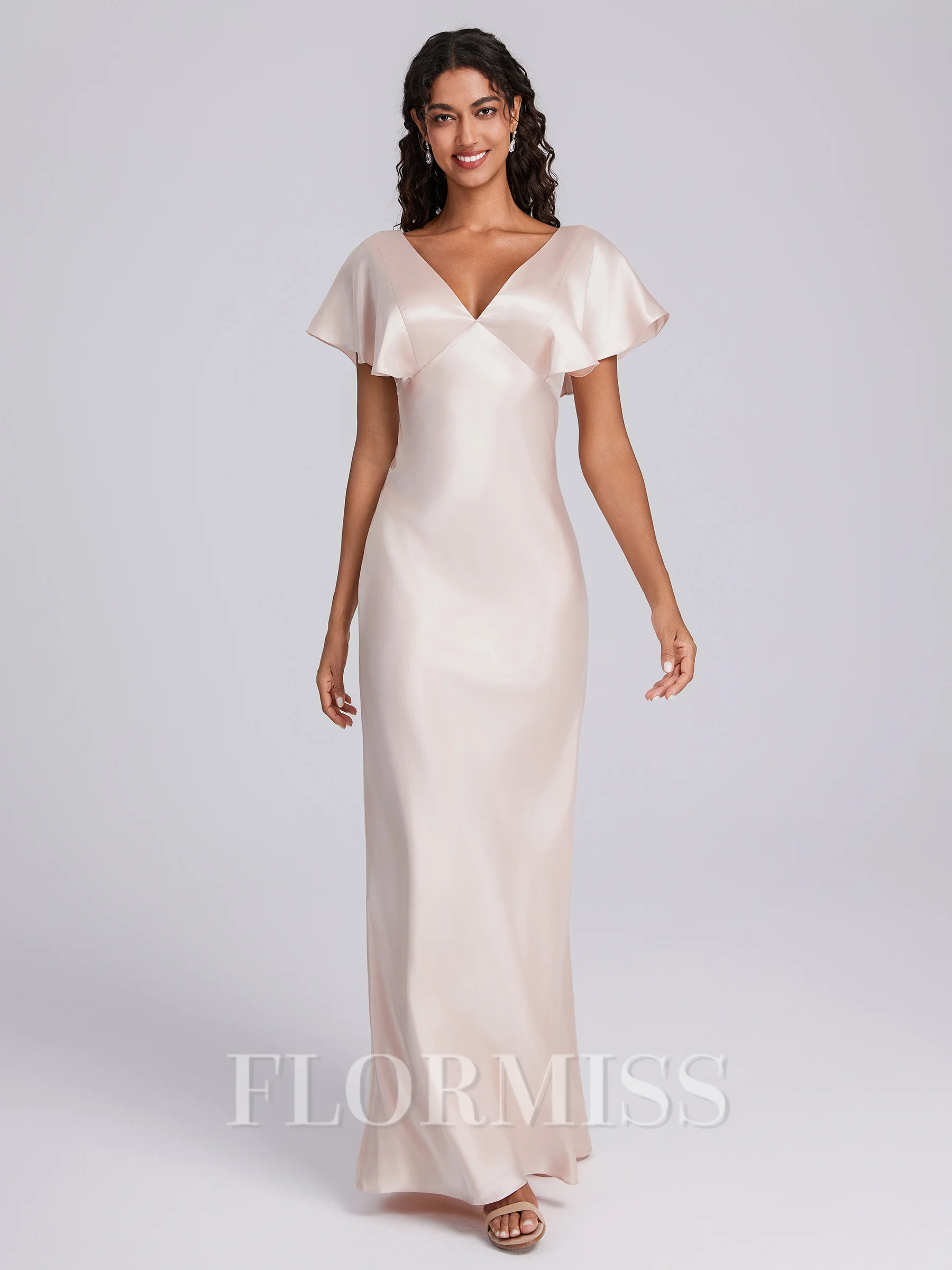 Sheath V-neck Short Sleeves Floor-Length Silk Like Satin Bridesmaid Dress