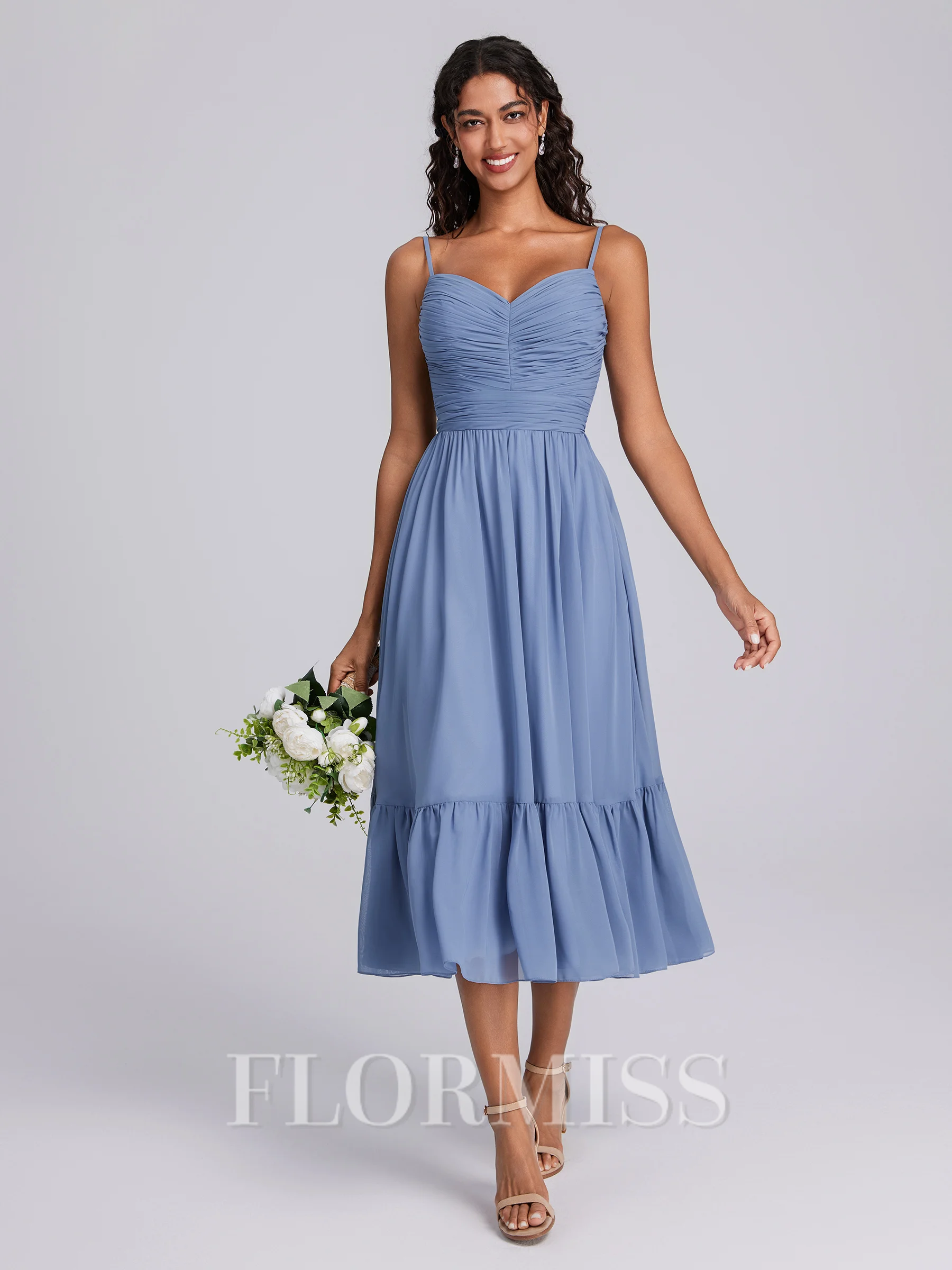 A-line V-neck Pleated Tea-Length Chiffon Bridesmaid Dress