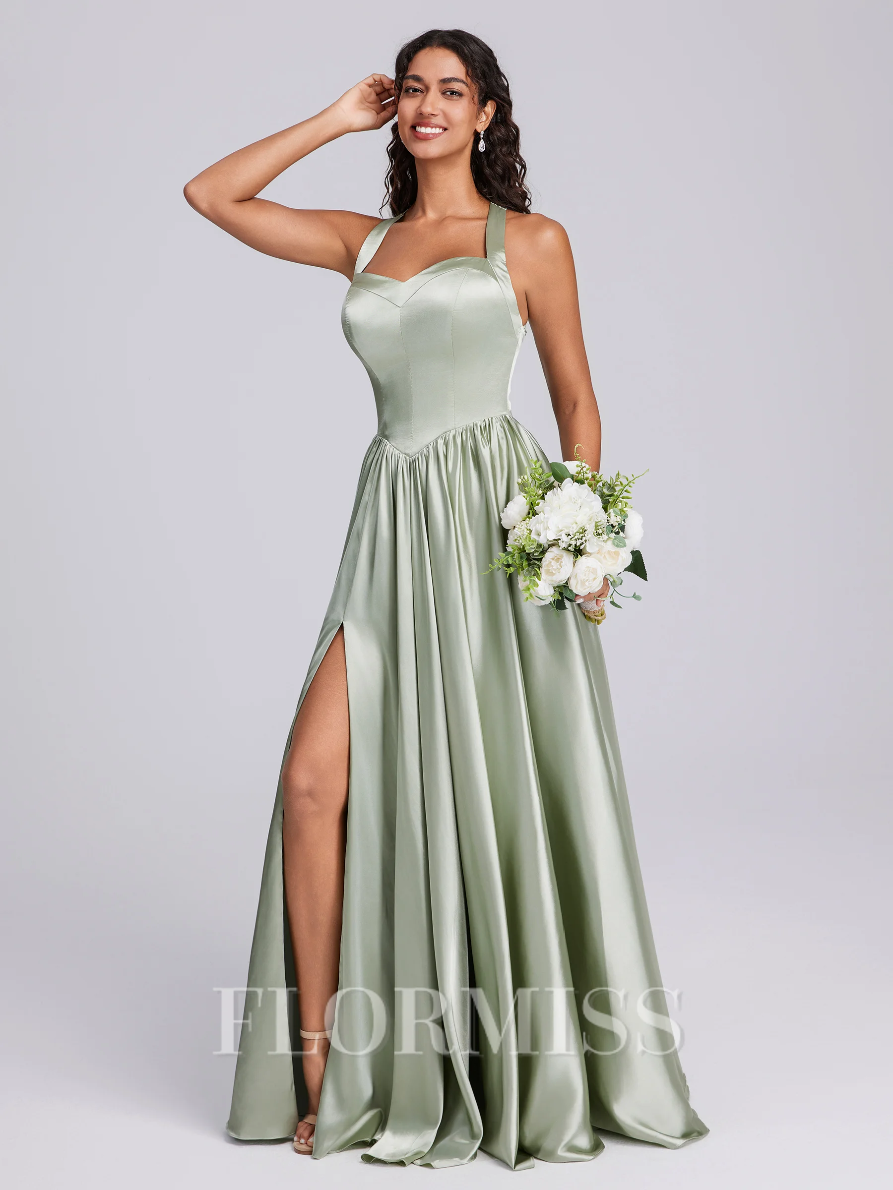 A-line Straps Floor-Length Silk Like Satin Corset Bridesmaid Dress