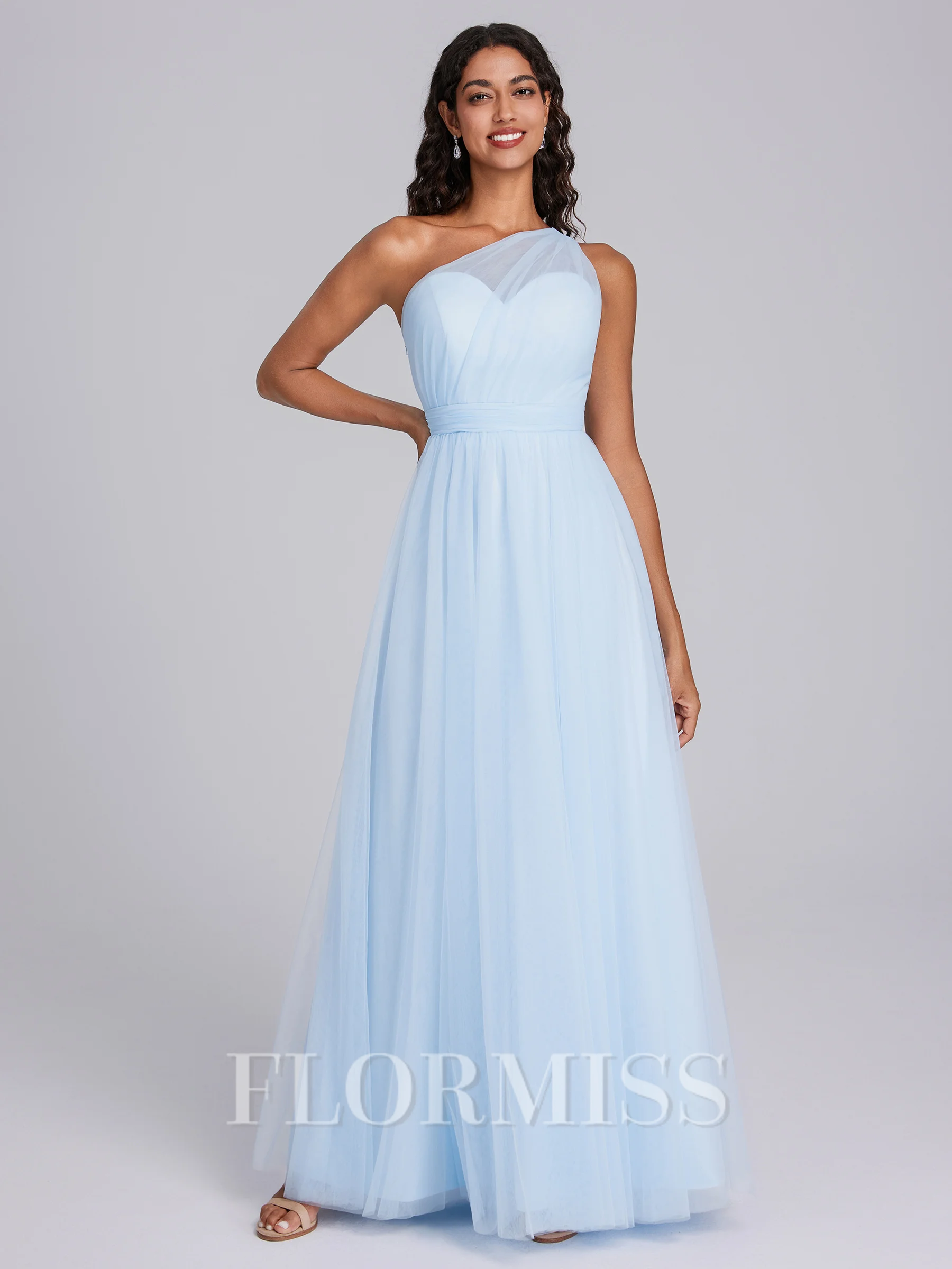 A-line One-Shoulder Pleated Floor-Length Tulle Corset Bridesmaid Dress