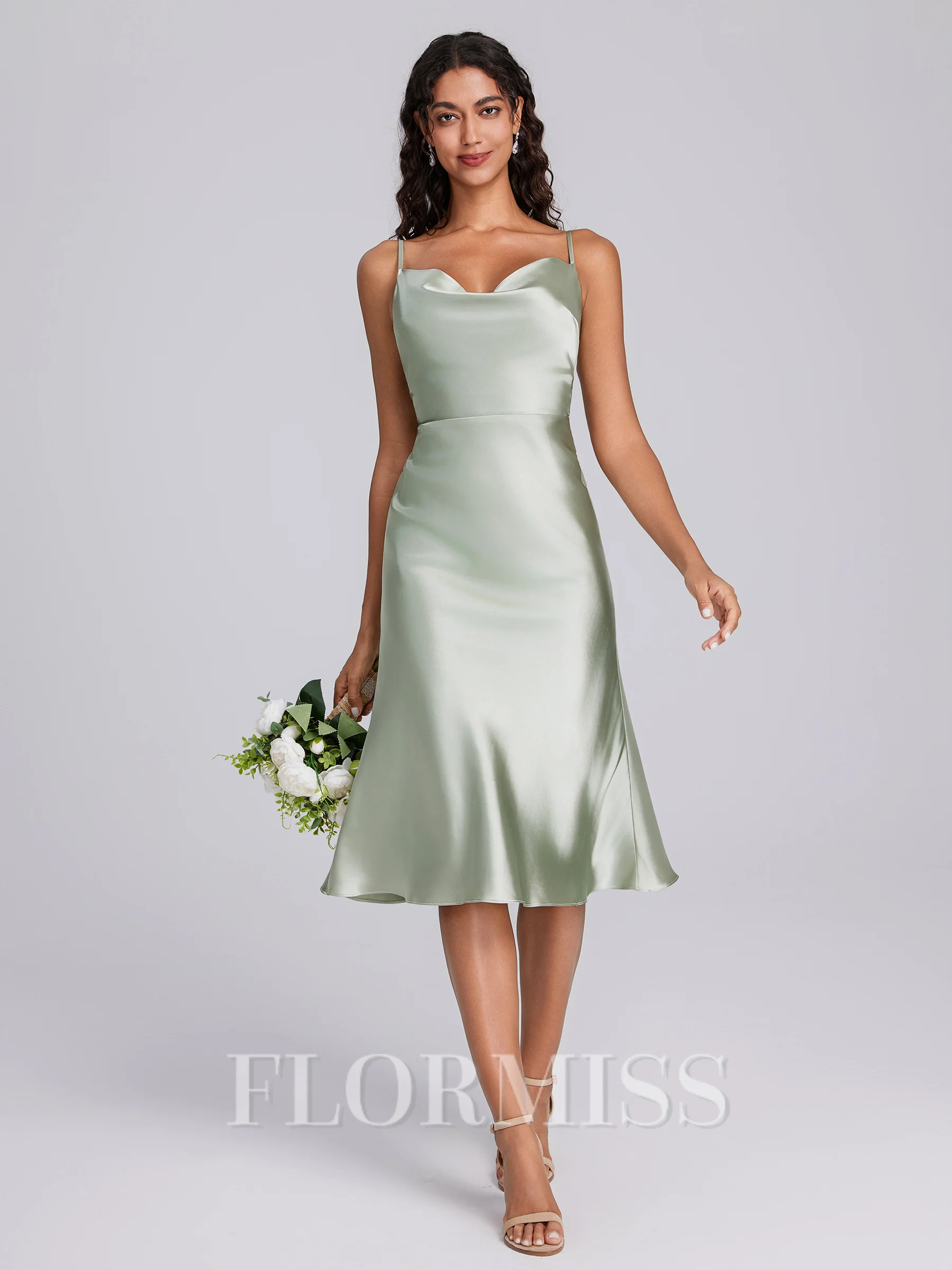 Sheath Spaghetti Straps Sash/Ribbon/Belt Tea-Length Silk Like Satin Bridesmaid Dress