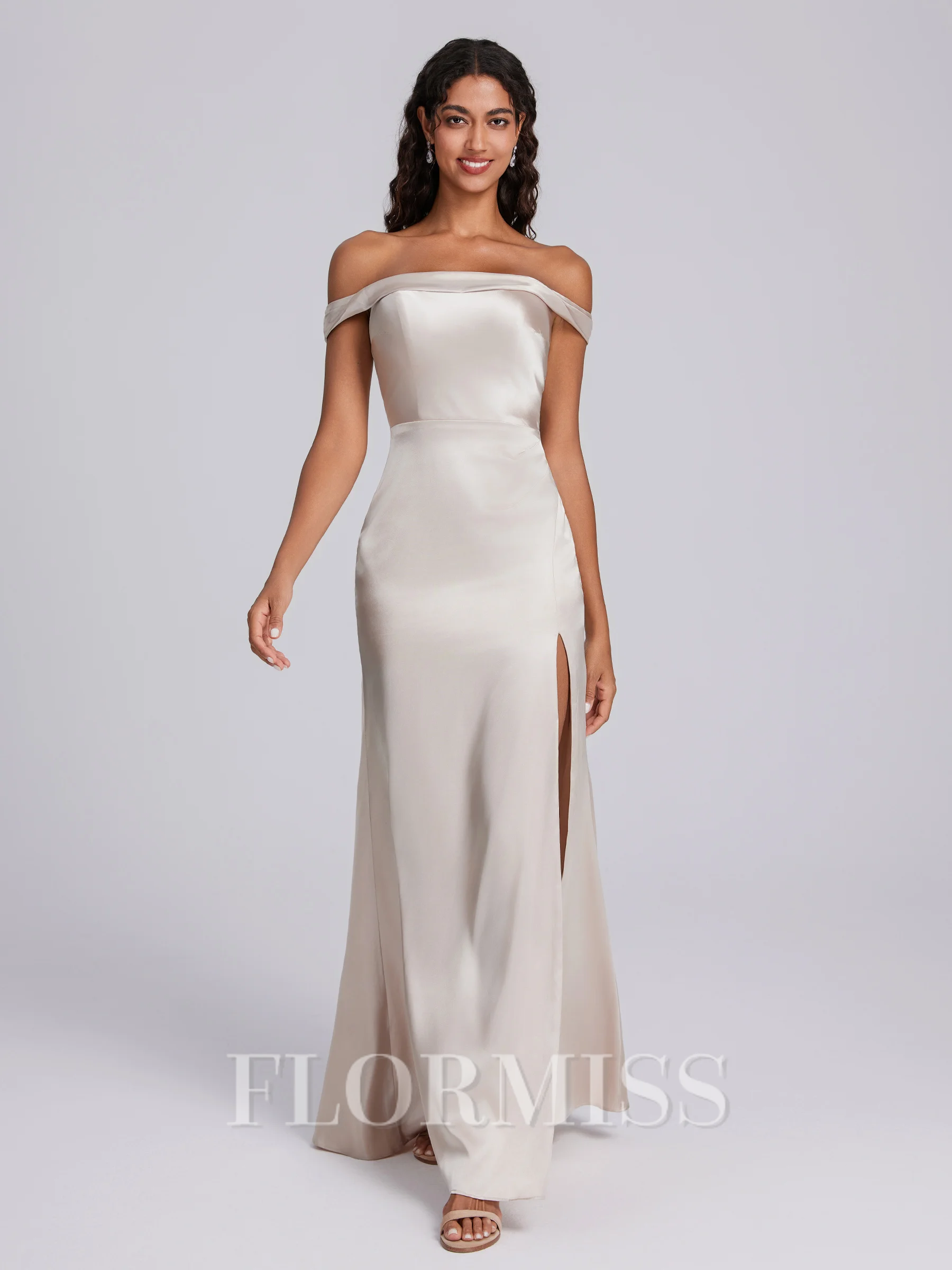 Sheath Off-the-Shoulder Pleated Floor-Length Silk Like Satin Corset Bridesmaid Dress