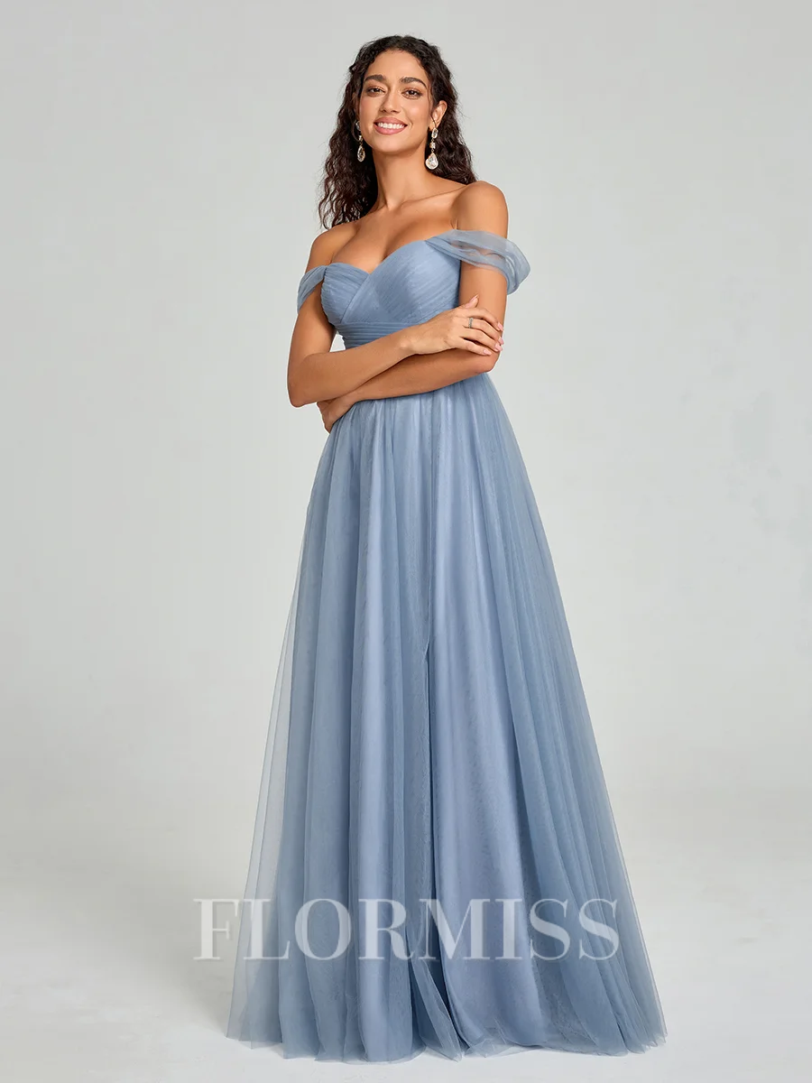 A-line/Princess Off-the-Shoulder Floor-Length Sleeveless Tulle Bridesmaid Dress