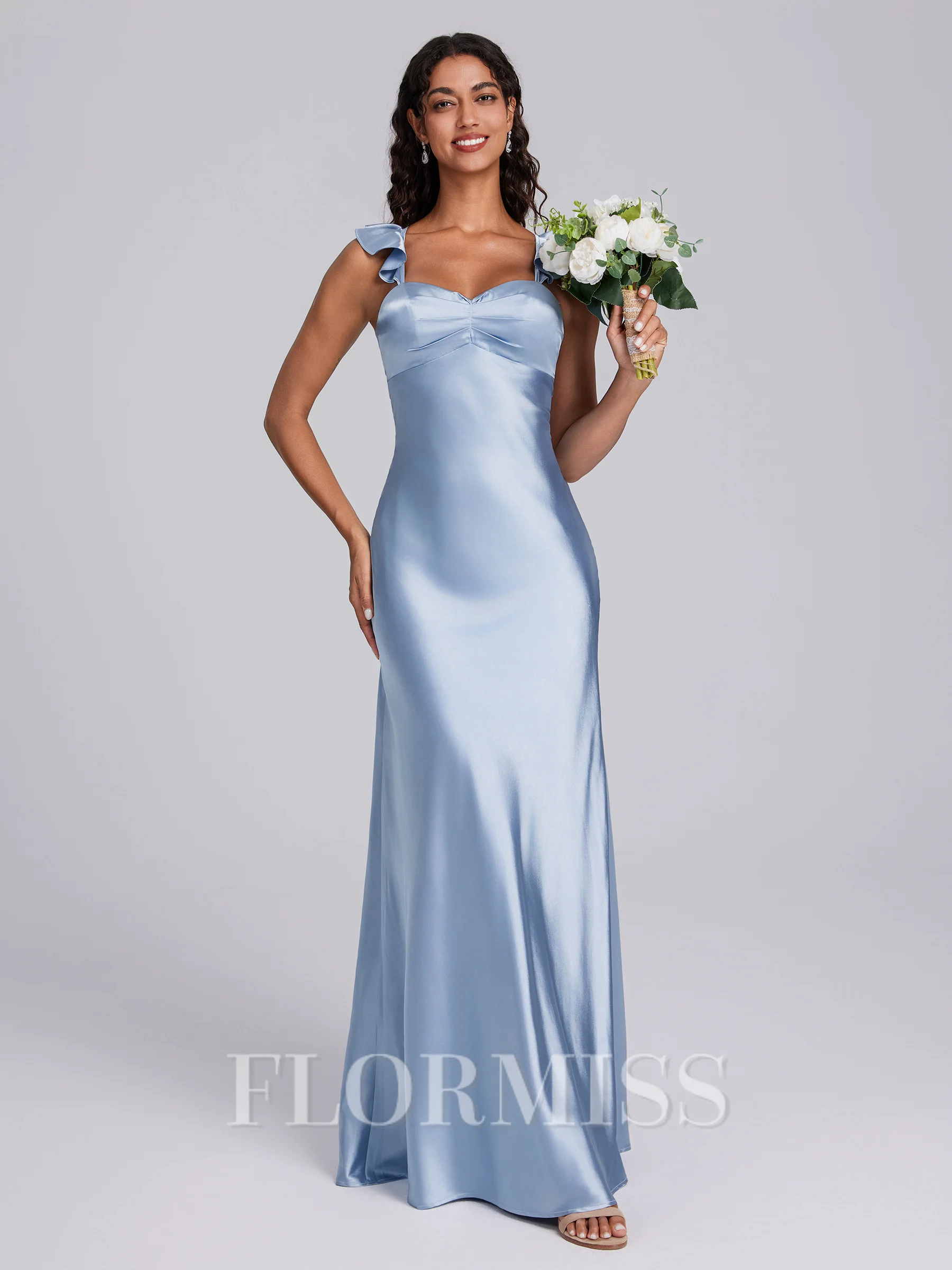 Sheath Straps Pleated Floor-Length Silk Like Satin Bridesmaid Dress