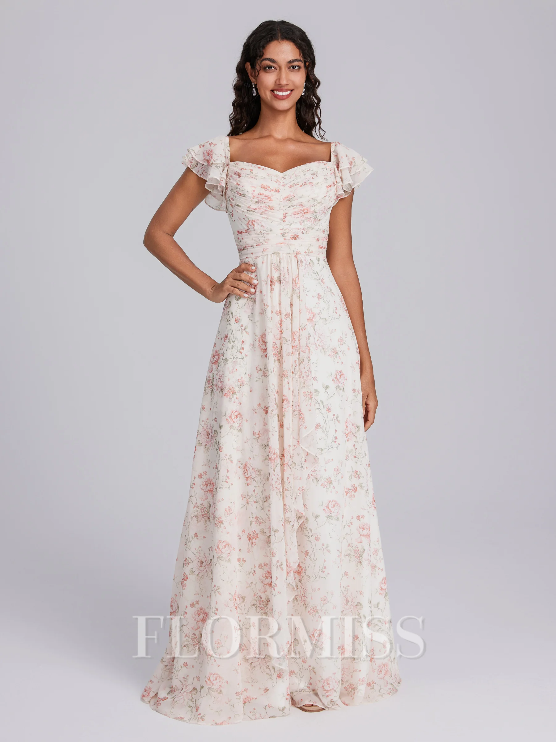 A-line Square Short Sleeves Pleated Floor-Length Corset Bridesmaid Dress