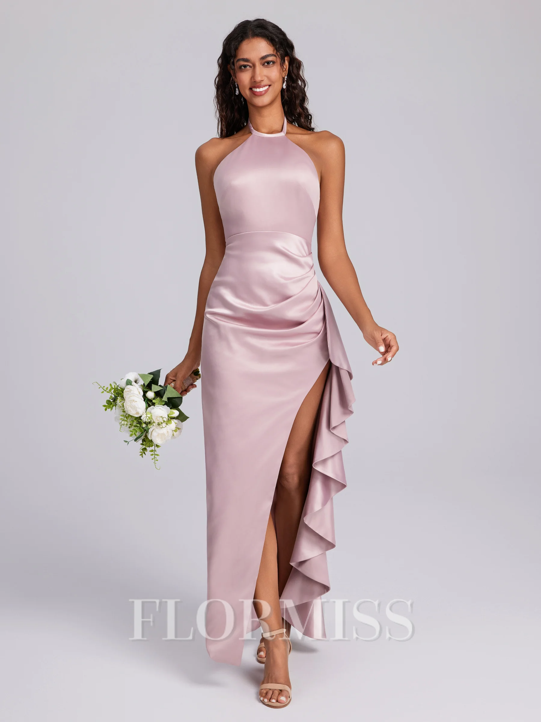 Sheath Halter Ruffles Floor-Length Bridesmaid Dress