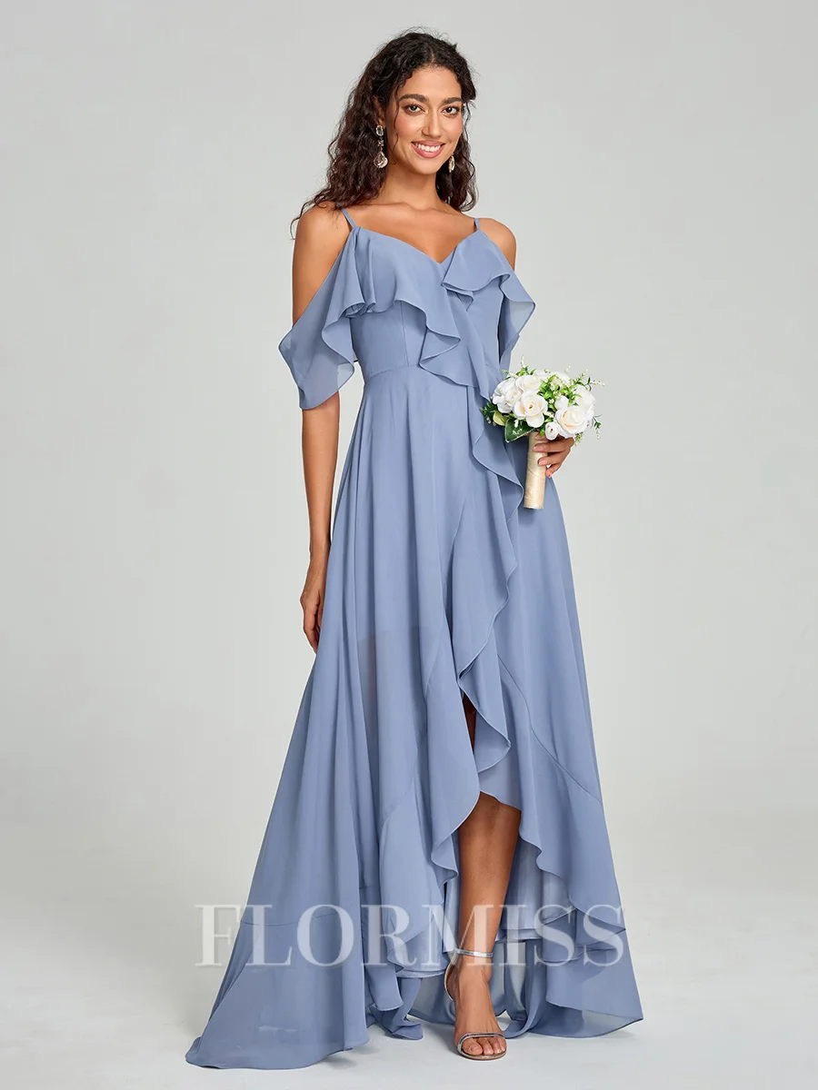 A-line/Princess Straps Asymmetrical Short Sleeves Chiffon Bridesmaid Dress
