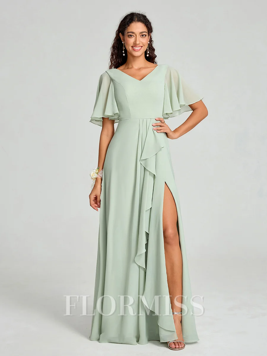 A-line/Princess V-neck Floor-Length Short Sleeves Chiffon Bridesmaid Dress
