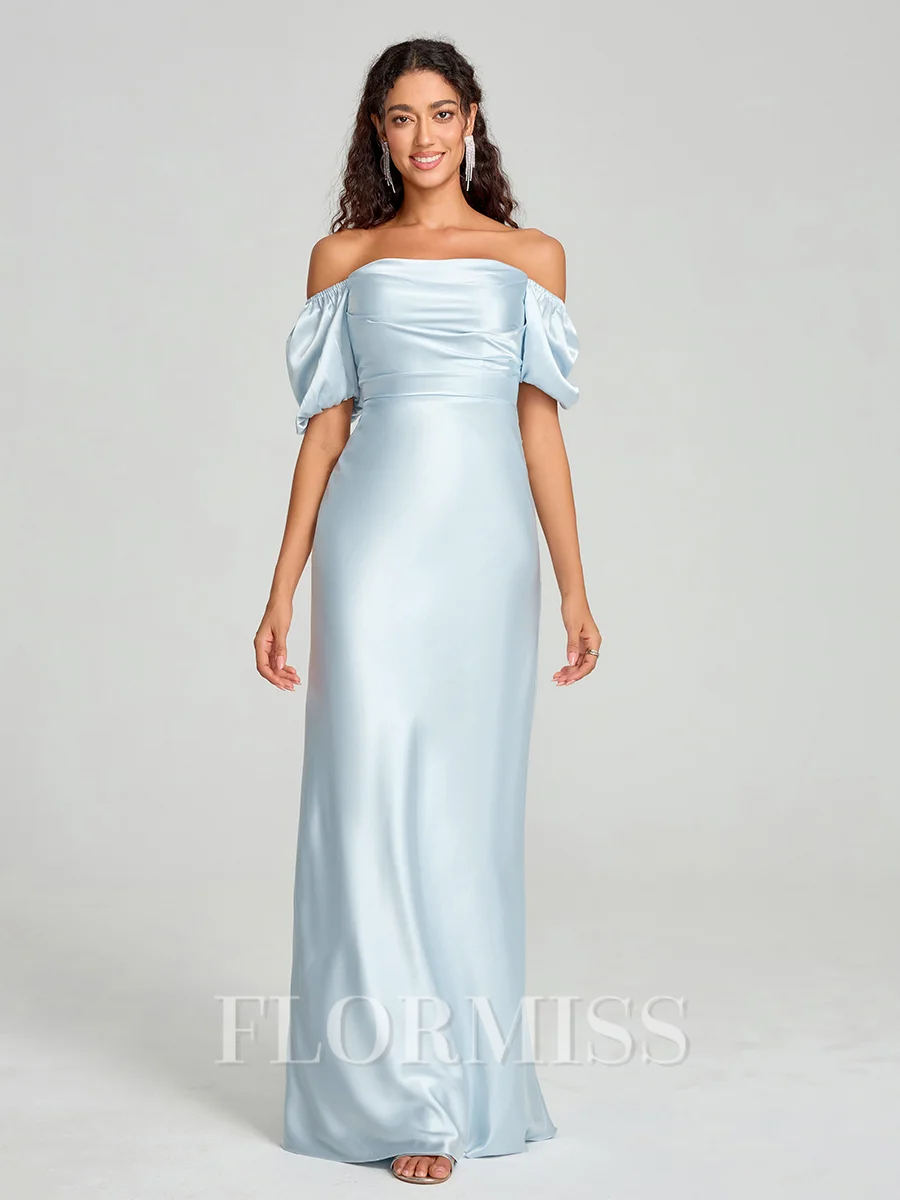 Sheath/Column Off-the-Shoulder Floor-Length Short Sleeves Silk Like Satin Bridesmaid Dress