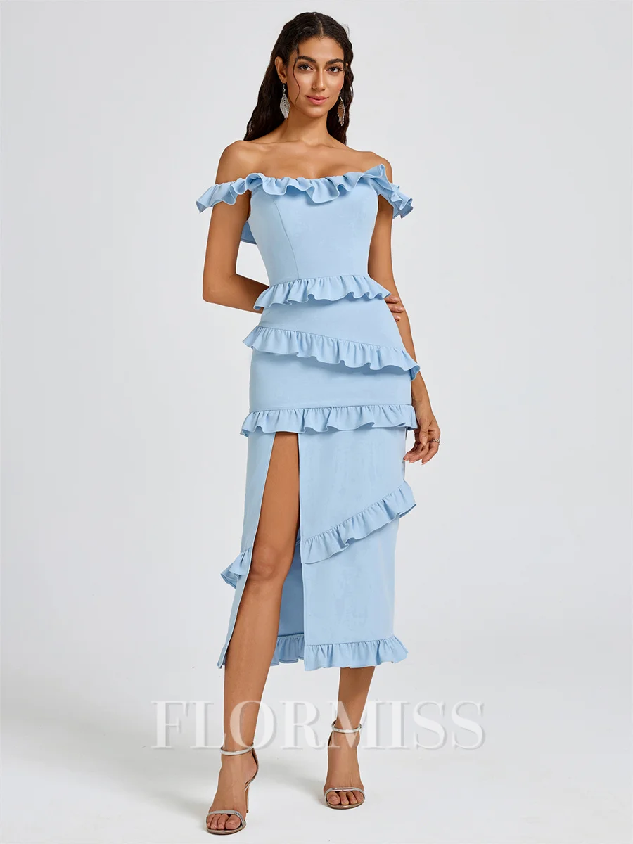 Sheath Off-the-Shoulder Ruffles Tea-Length Stretch Crepe Bridesmaid Dress