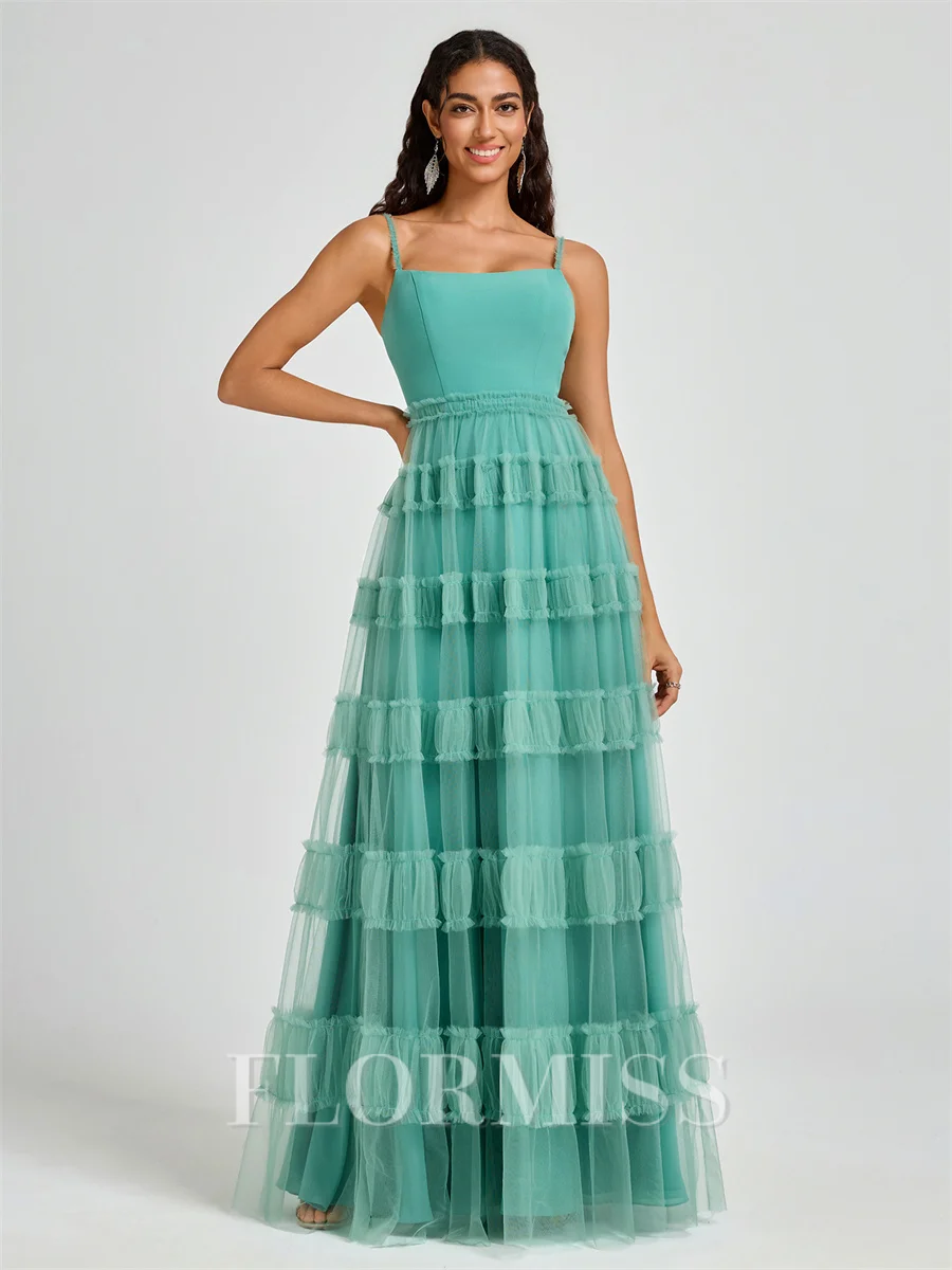 A-line Spaghetti Straps Pleated Floor-Length Tulle Bridesmaid Dress