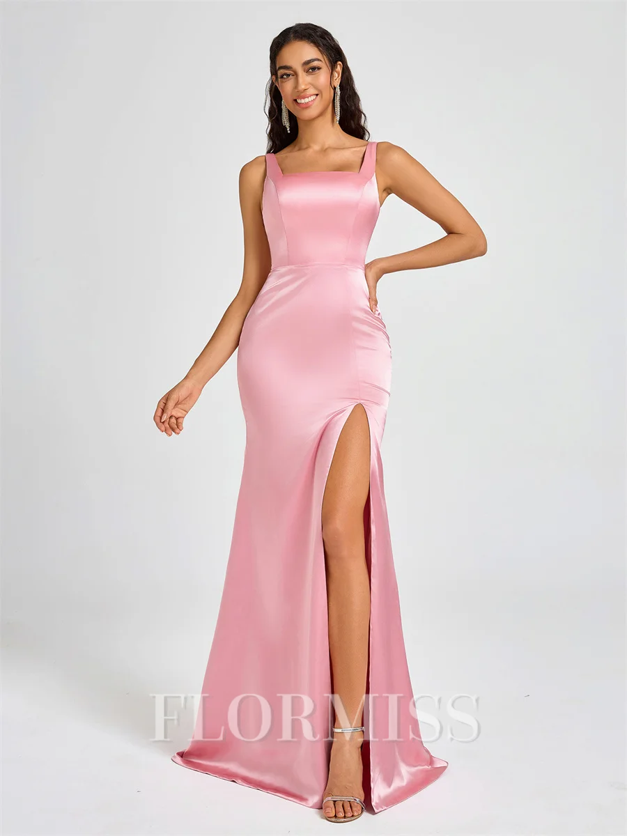 Sheath Square Floor-Length Silk Like Satin Bridesmaid Dress