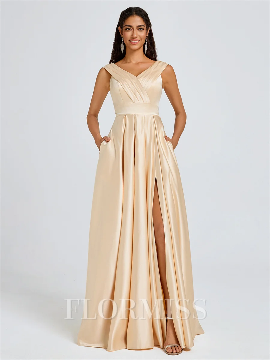 A-line V-neck Pleated Floor-Length Satin Bridesmaid Dress