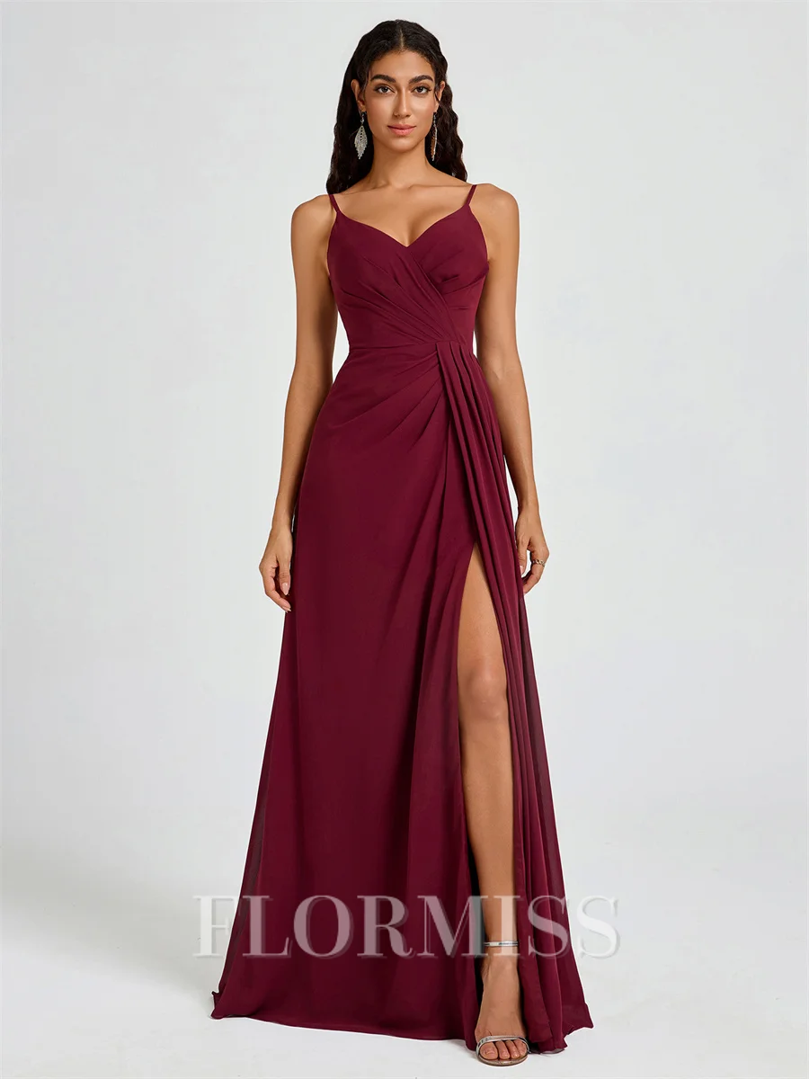 A-line V-neck Pleated Floor-Length Chiffon Bridesmaid Dress