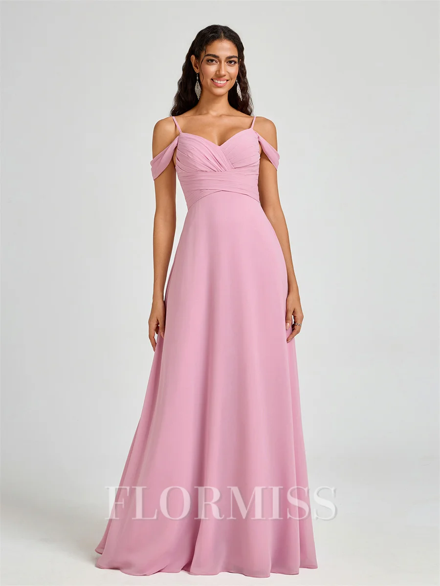 A-line Cold Shoulder Pleated Floor-Length Chiffon Bridesmaid Dress
