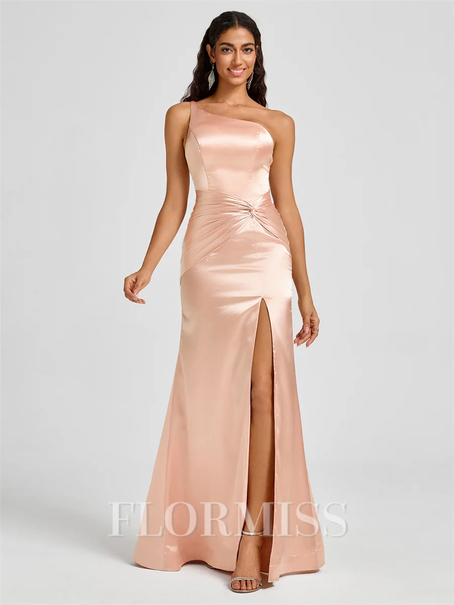 Sheath One-Shoulder Pleated Floor-Length Silk Like Satin Bridesmaid Dress