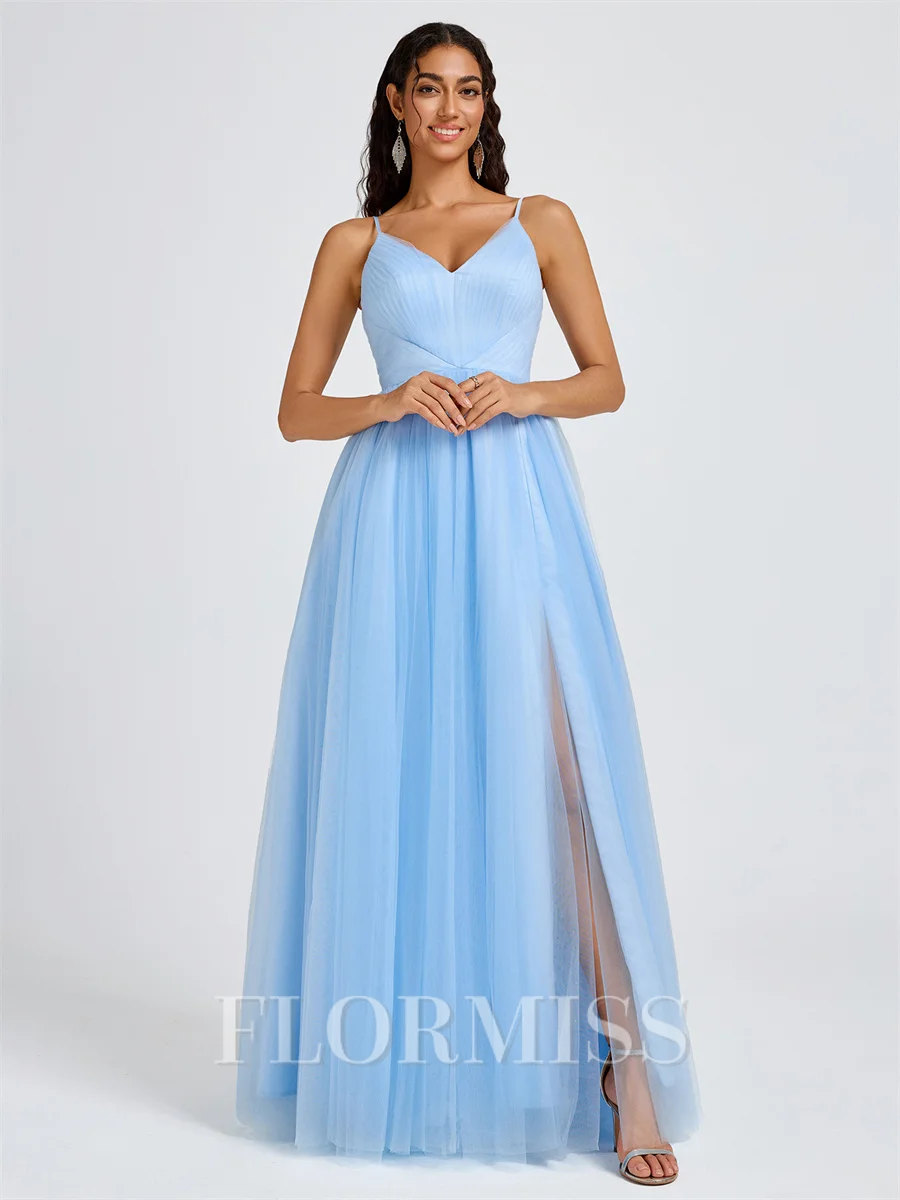 A-line V-neck Pleated Floor-Length Tulle Bridesmaid Dress