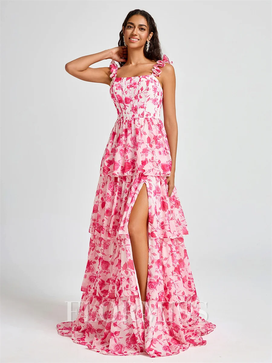 A-line Straps Cascading Ruffles Floor-Length Corset Bridesmaid Dress