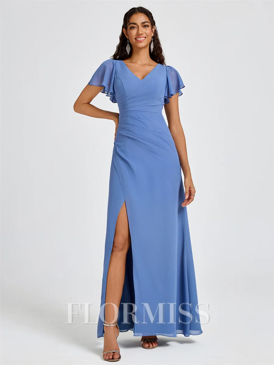 A-line V-neck Short Sleeves Pleated Floor-Length Chiffon Bridesmaid Dress