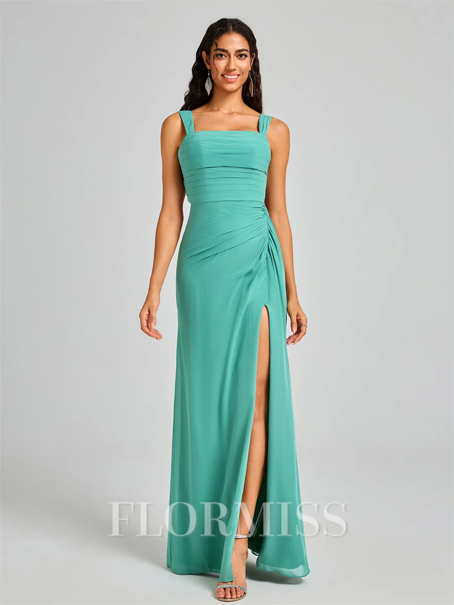 Sheath Square Pleated Floor-Length Chiffon Bridesmaid Dress