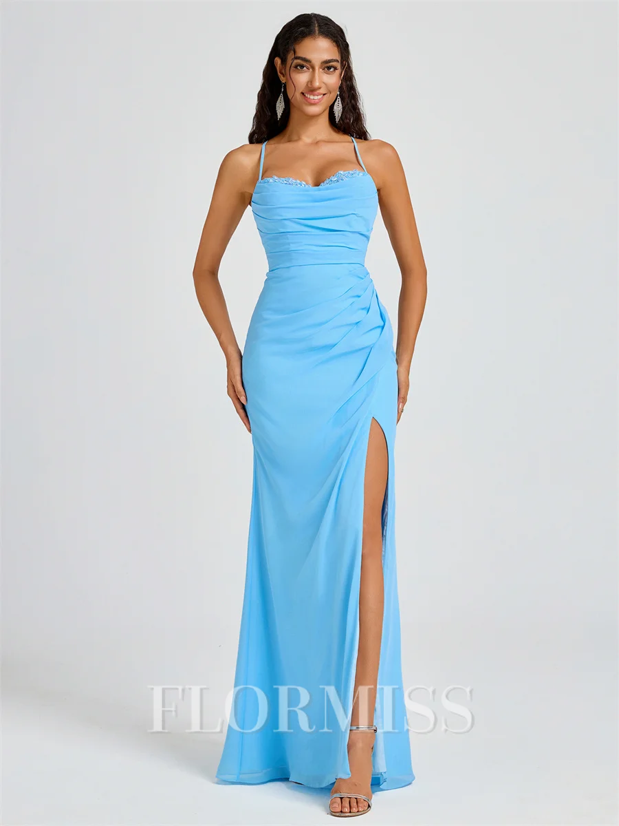 Sheath Spaghetti Straps Pleated Floor-Length Chiffon Bridesmaid Dress