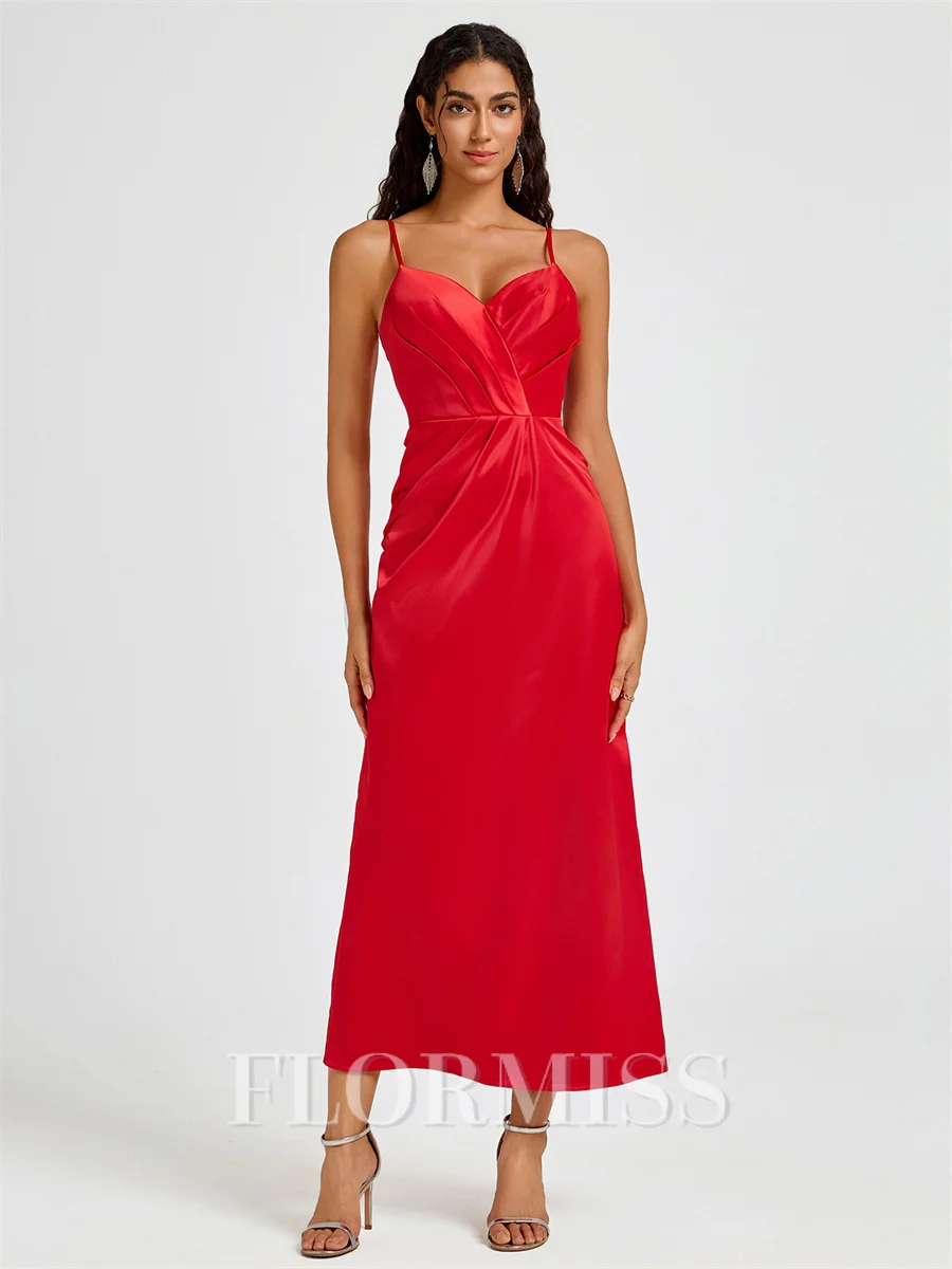 A-line Spaghetti Straps Pleated Ankle-Length Charmeuse Bridesmaid Dress