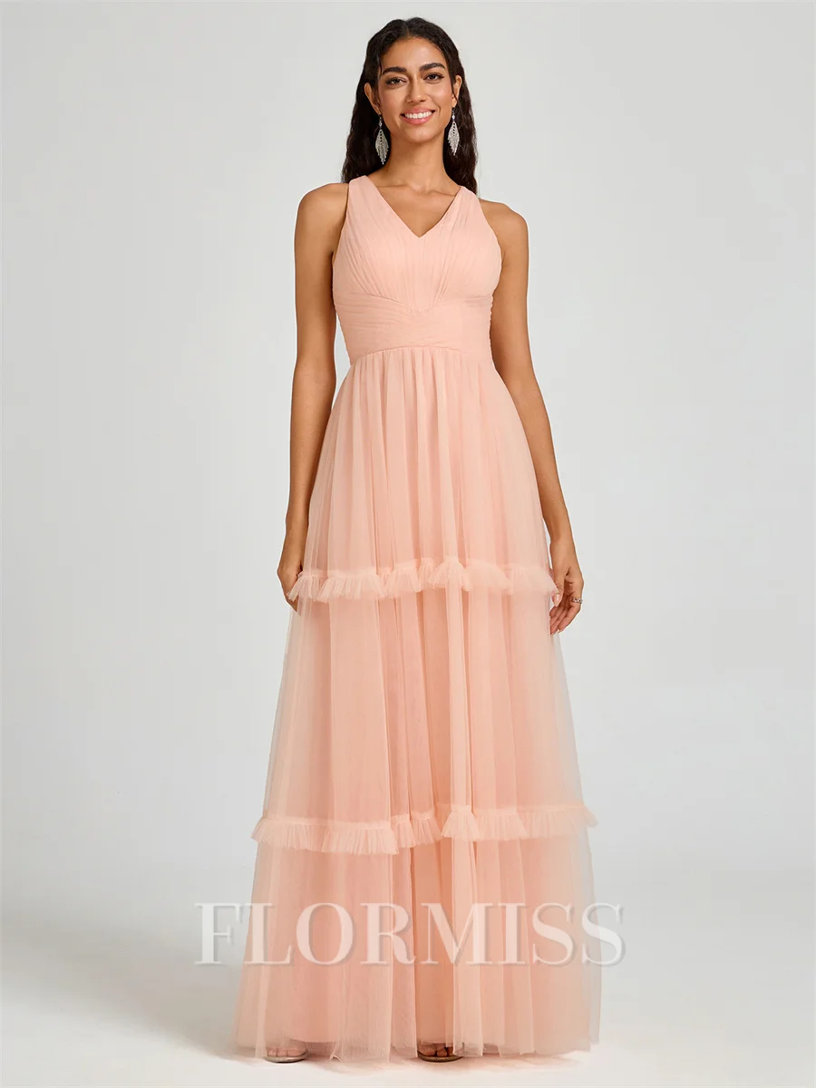 A-line V-neck Pleated Floor-Length Tulle Bridesmaid Dress