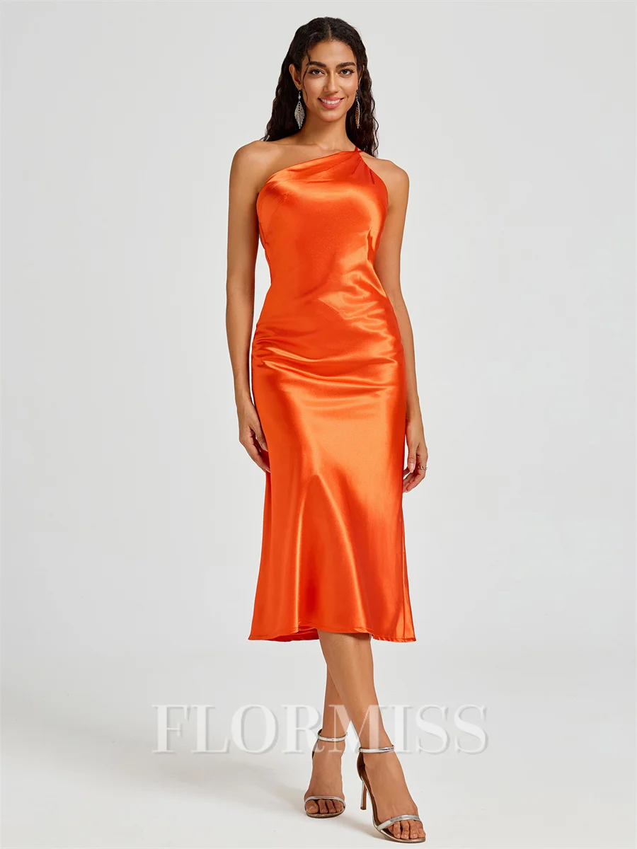 Sheath One-Shoulder Tea-Length Silk Like Satin Bridesmaid Dress