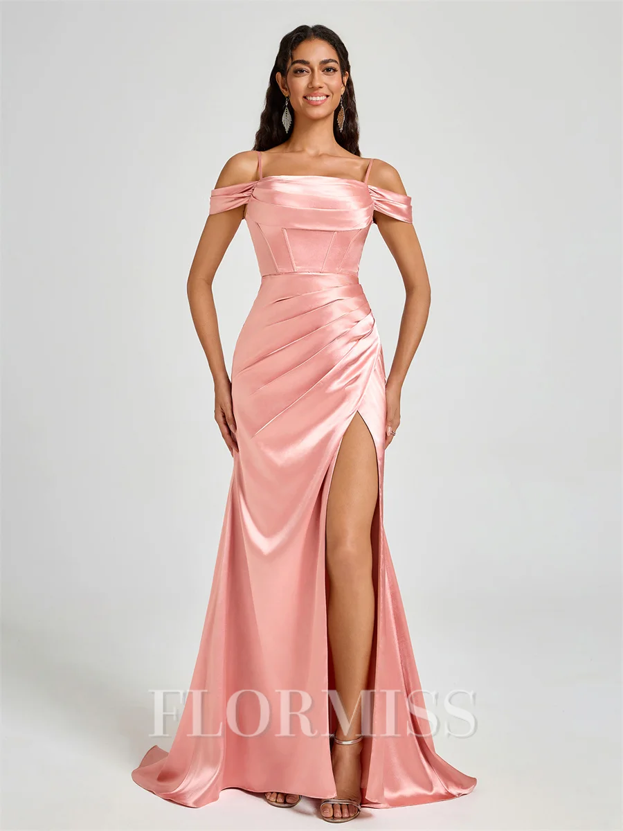 Sheath Cold Shoulder Pleated Sweep Train Silk Like Satin Corset Bridesmaid Dress