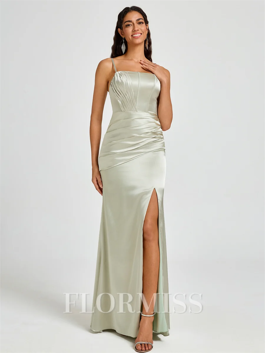 Sheath Spaghetti Straps Pleated Floor-Length Silk Like Satin Corset Bridesmaid Dress