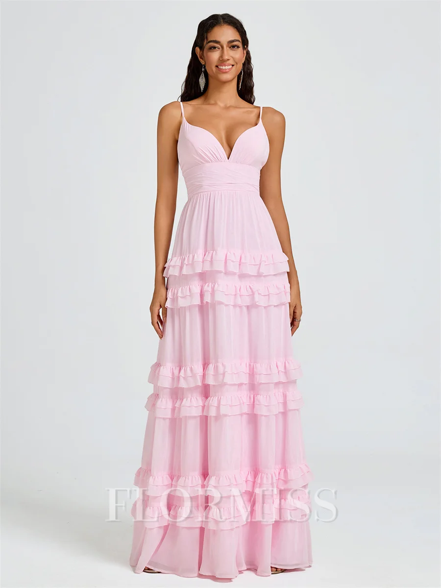 A-line V-neck Cascading Ruffles Floor-Length Chiffon Bridesmaid Dress