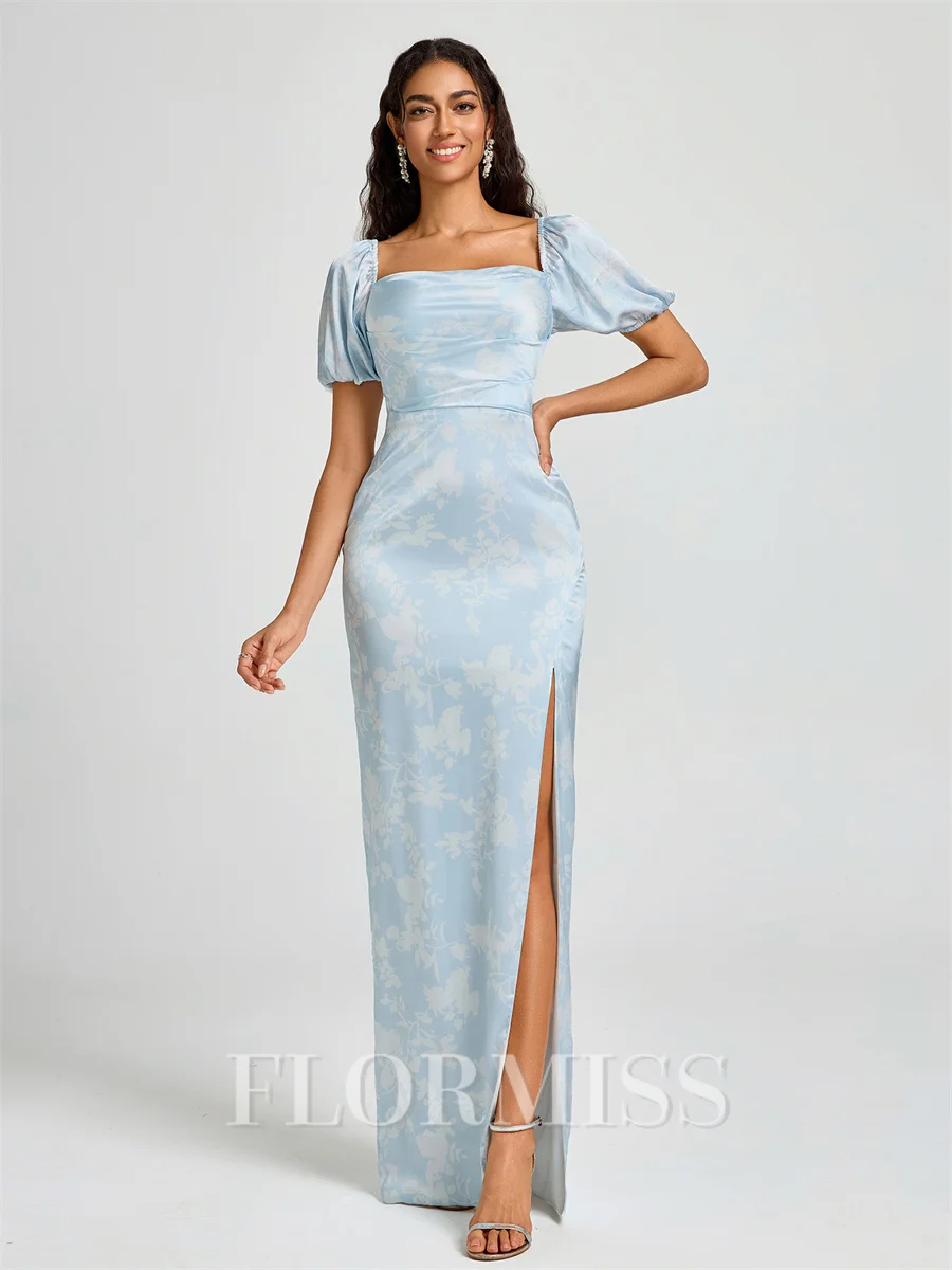 Sheath Square Short Sleeves Floor-Length Bridesmaid Dress