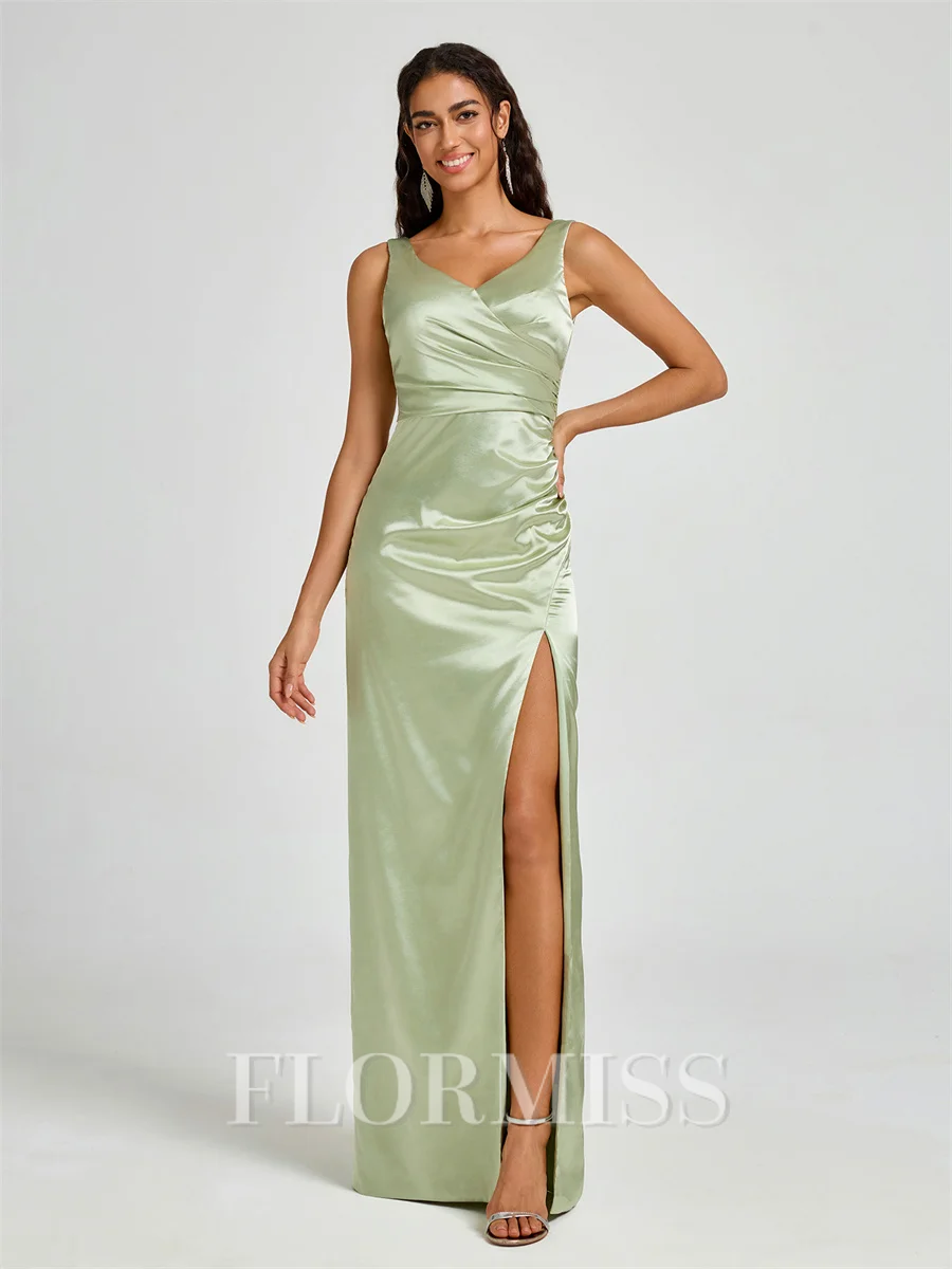 A-line/Princess Silk Like Satin V-neck Sleeveless Floor-Length Bridesmaid Dress