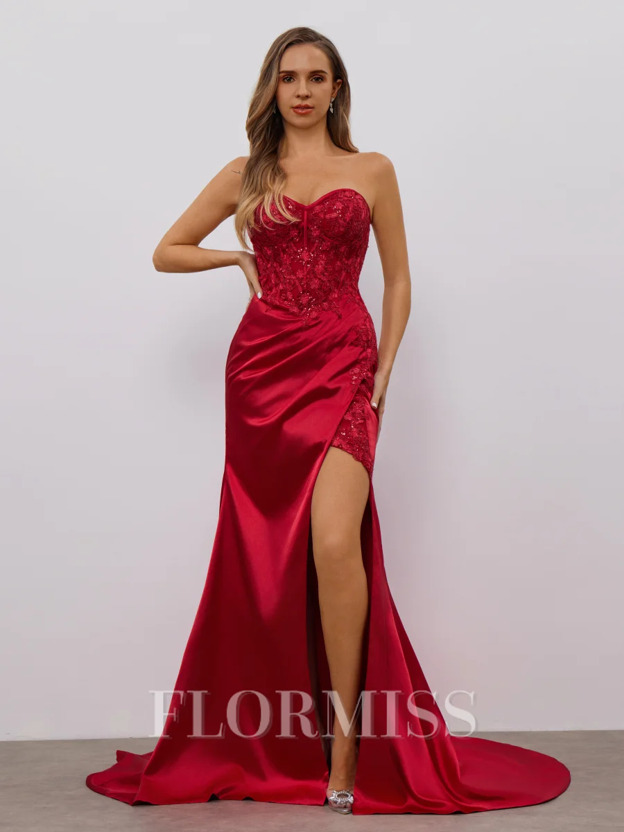 Sheath Sweetheart Appliques Lace Court Train Silk Like Satin Corset Dress