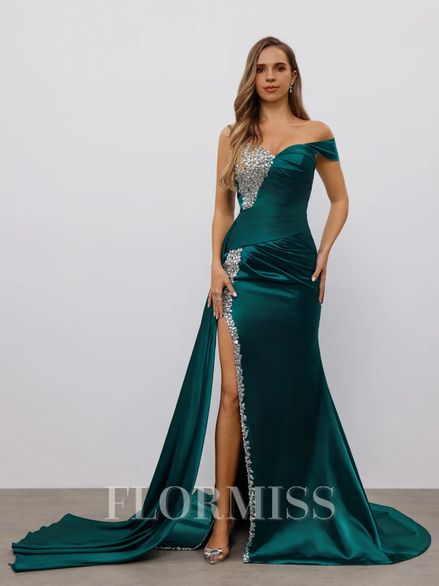 Sheath Sweetheart Rhinestone Court Train Silk Like Satin Dress