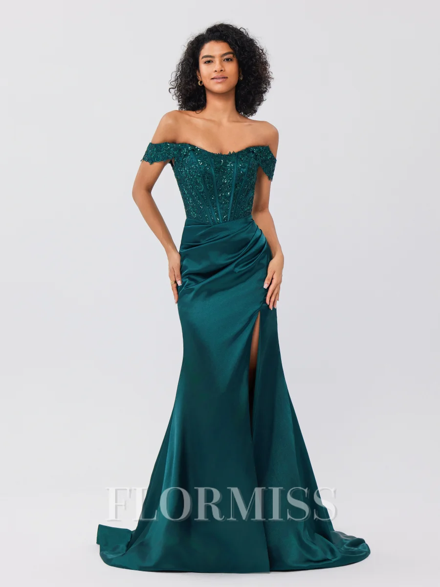 Sheath Off-the-Shoulder Appliques Lace Sweep Train Silk Like Satin Corset Dress