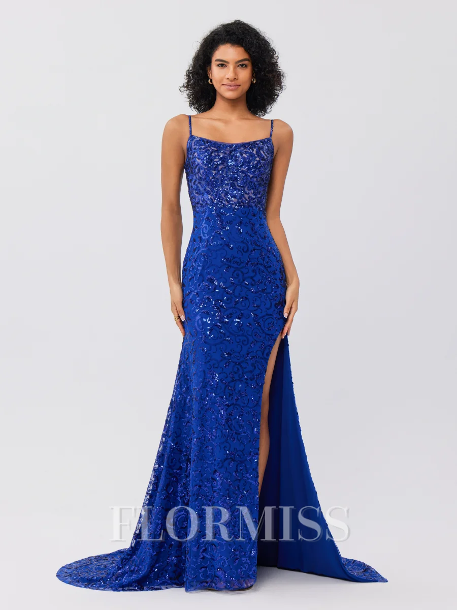 Sheath Spaghetti Straps Sequin Sweep Train Dress