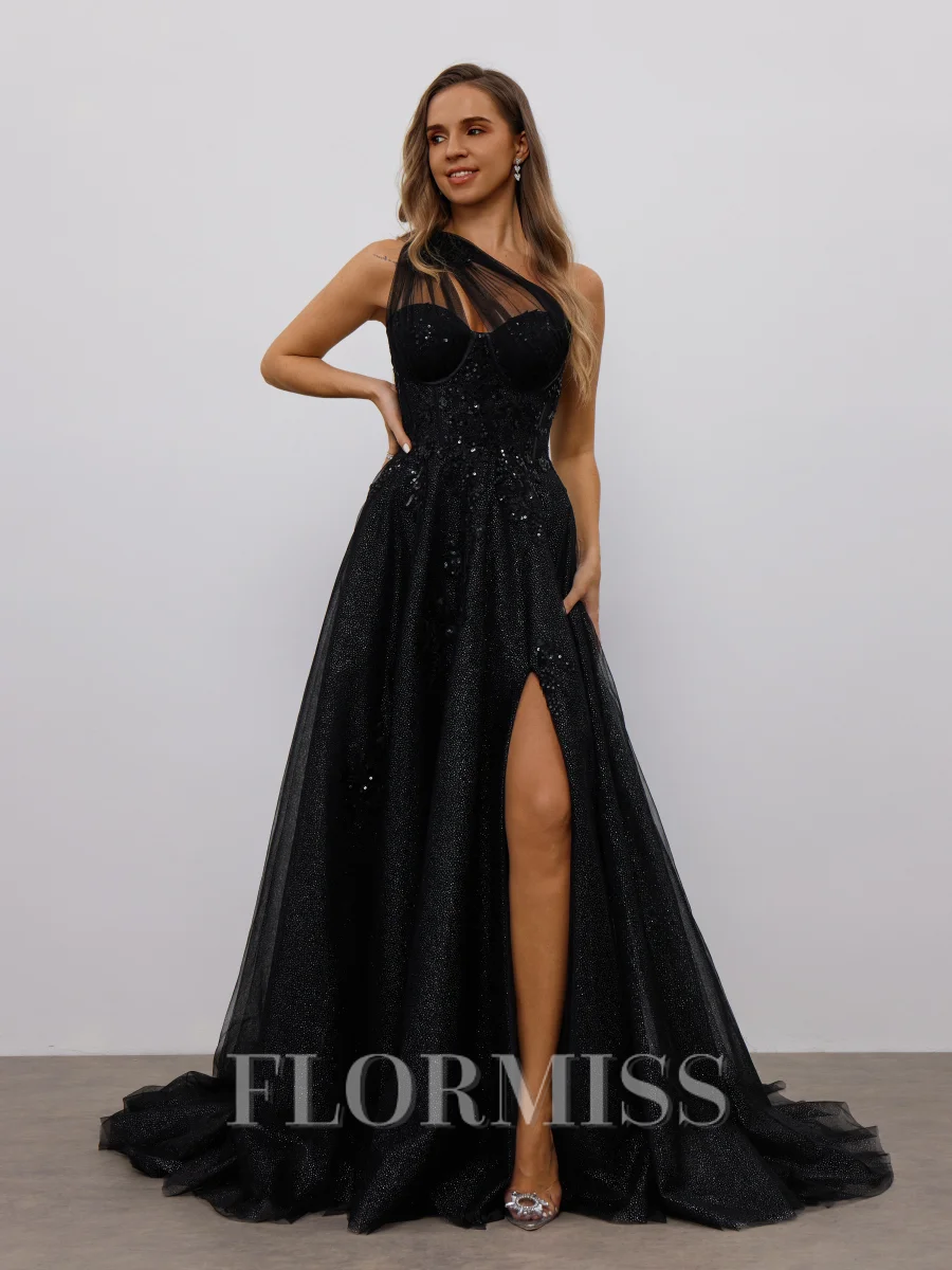 A-line One-Shoulder Appliques Lace Sweep Train Tulle Corset Dress