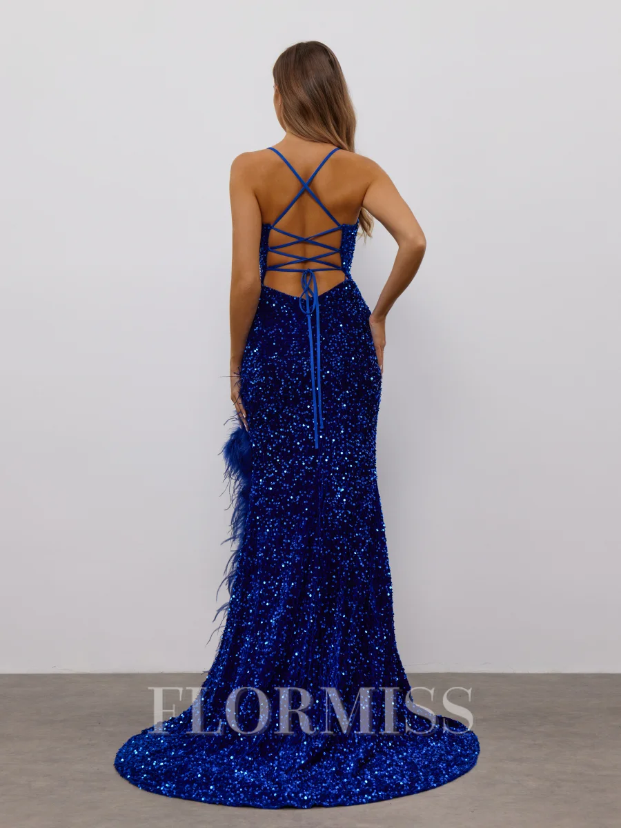 Sheath V-neck Feather Sweep Train Velvet Sequins Dress