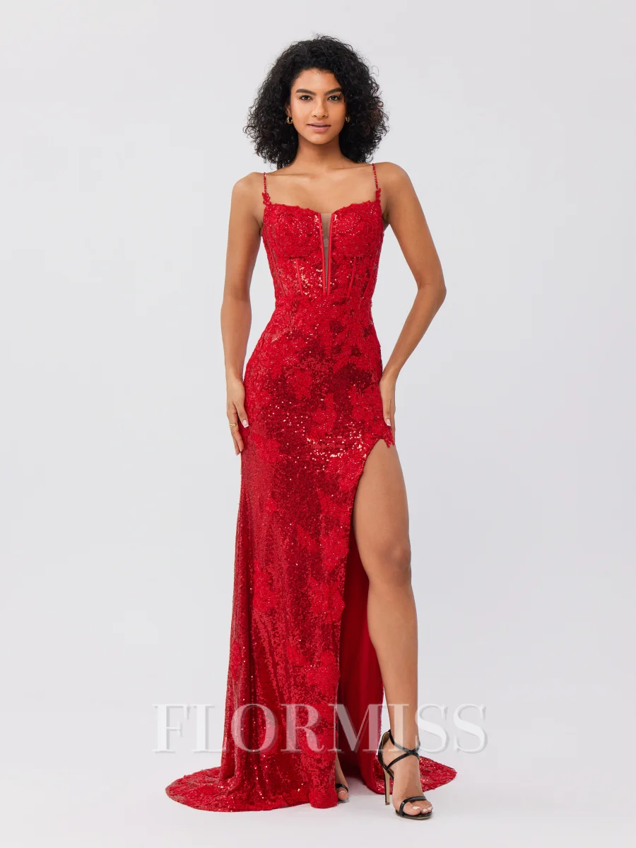 Sheath Spaghetti Straps Appliques Lace Sweep Train Sequins Corset Dress