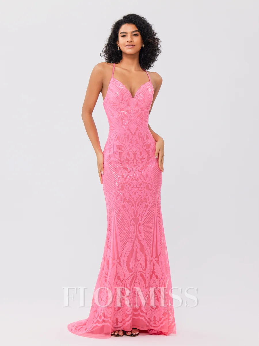 Sheath V-neck Sequin Sweep Train Dress
