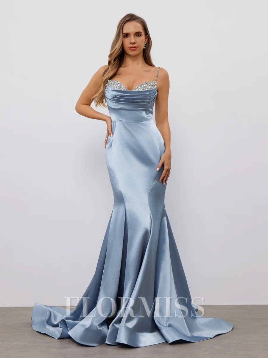 Sheath Spaghetti Straps Rhinestone Sweep Train Dress