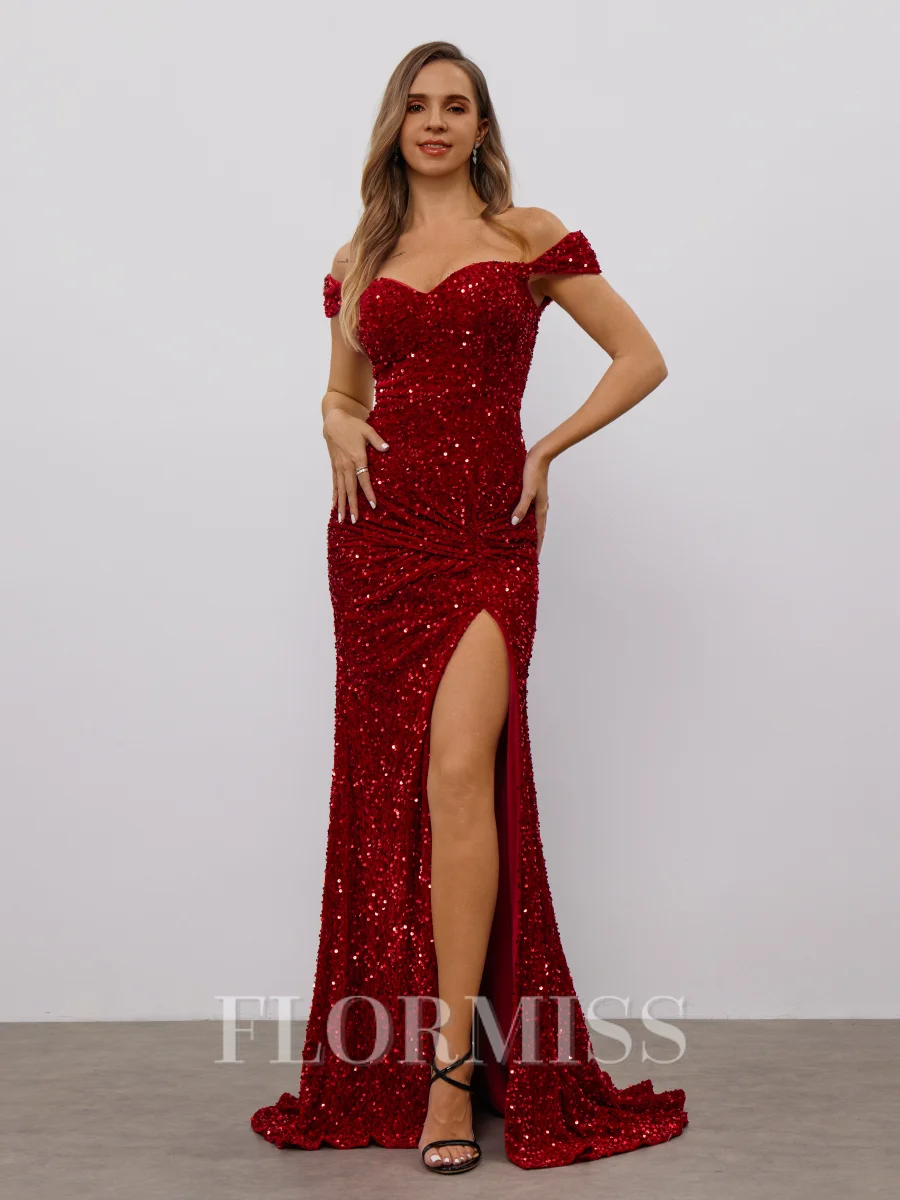 Sheath Off-the-Shoulder Pleated Sweep Train Velvet Sequins Dress