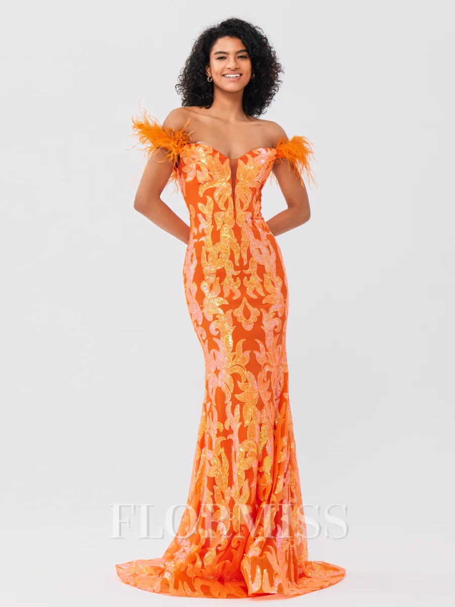 Sheath Off-the-Shoulder Feather Sweep Train Dress