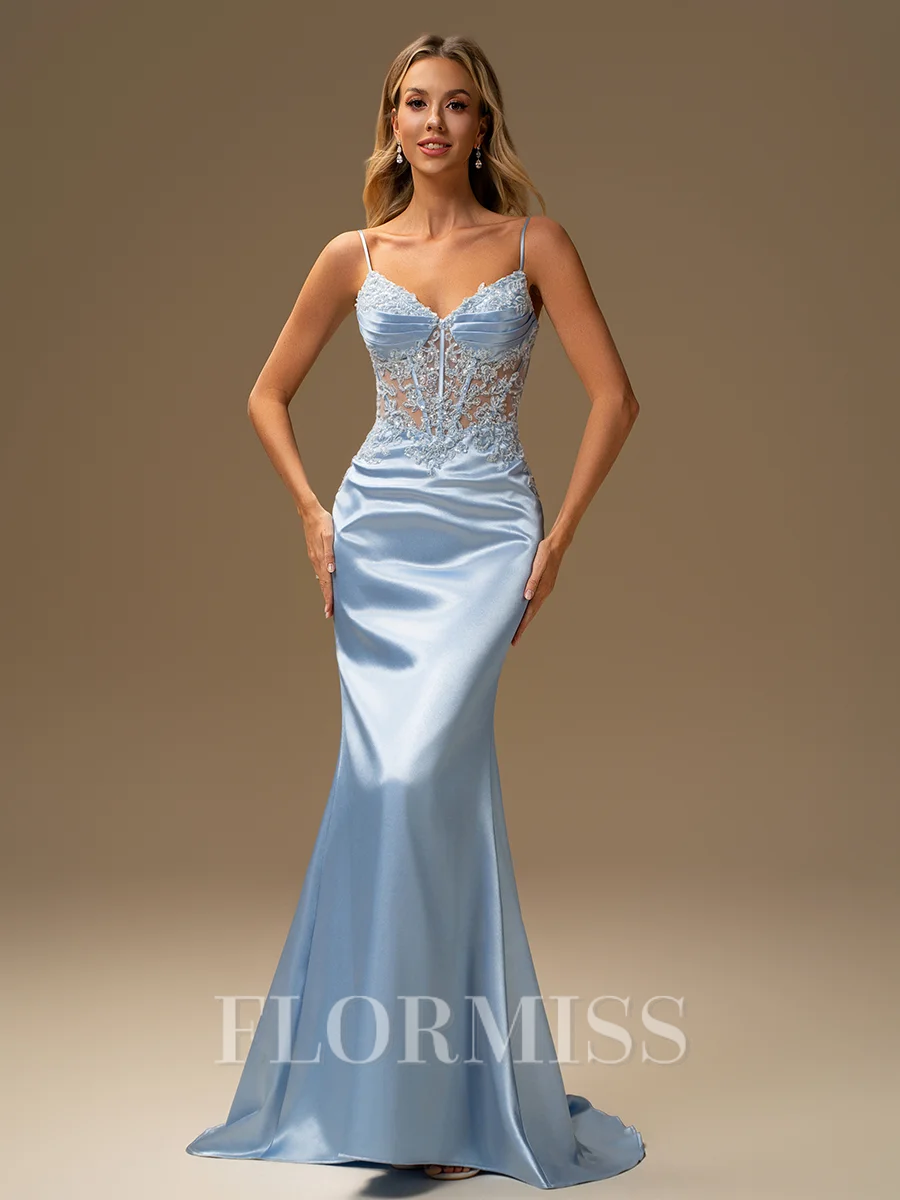 Sheath V-neck Appliques Lace Sweep Train Corset Dress