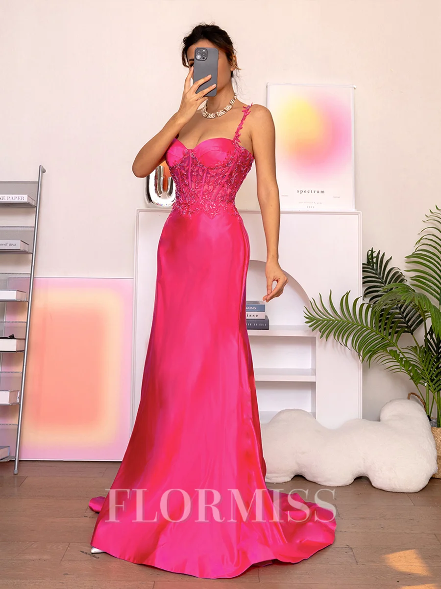 Sheath Spaghetti Straps Appliques Lace Sweep Train Satin Corset Dress